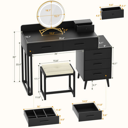 Vanity Desk with Soft Stool and LED Mirror ,Makeup Table with Wood Drawers