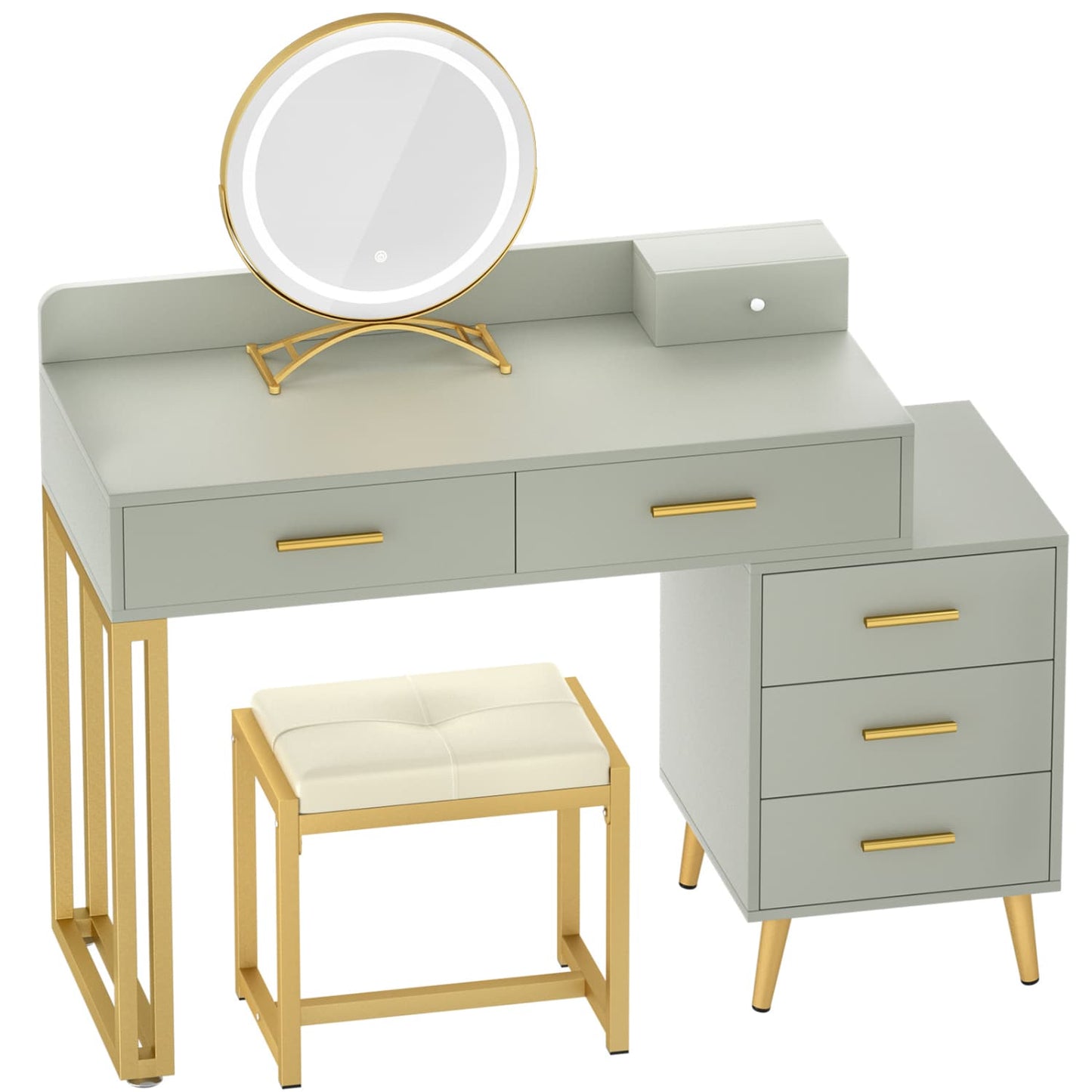 Vanity Desk with Soft Stool and LED Mirror ,Makeup Table with Wood Drawers