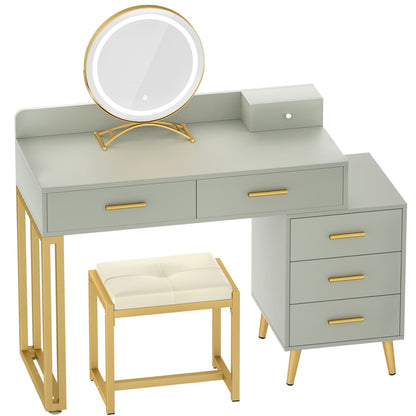 Vanity Desk with Soft Stool and LED Mirror ,Makeup Table with Wood Drawers