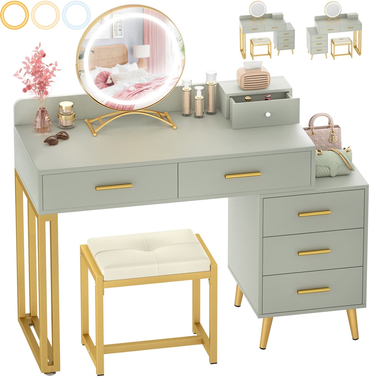 Vanity Desk with Soft Stool and LED Mirror ,Makeup Table with Wood Drawers