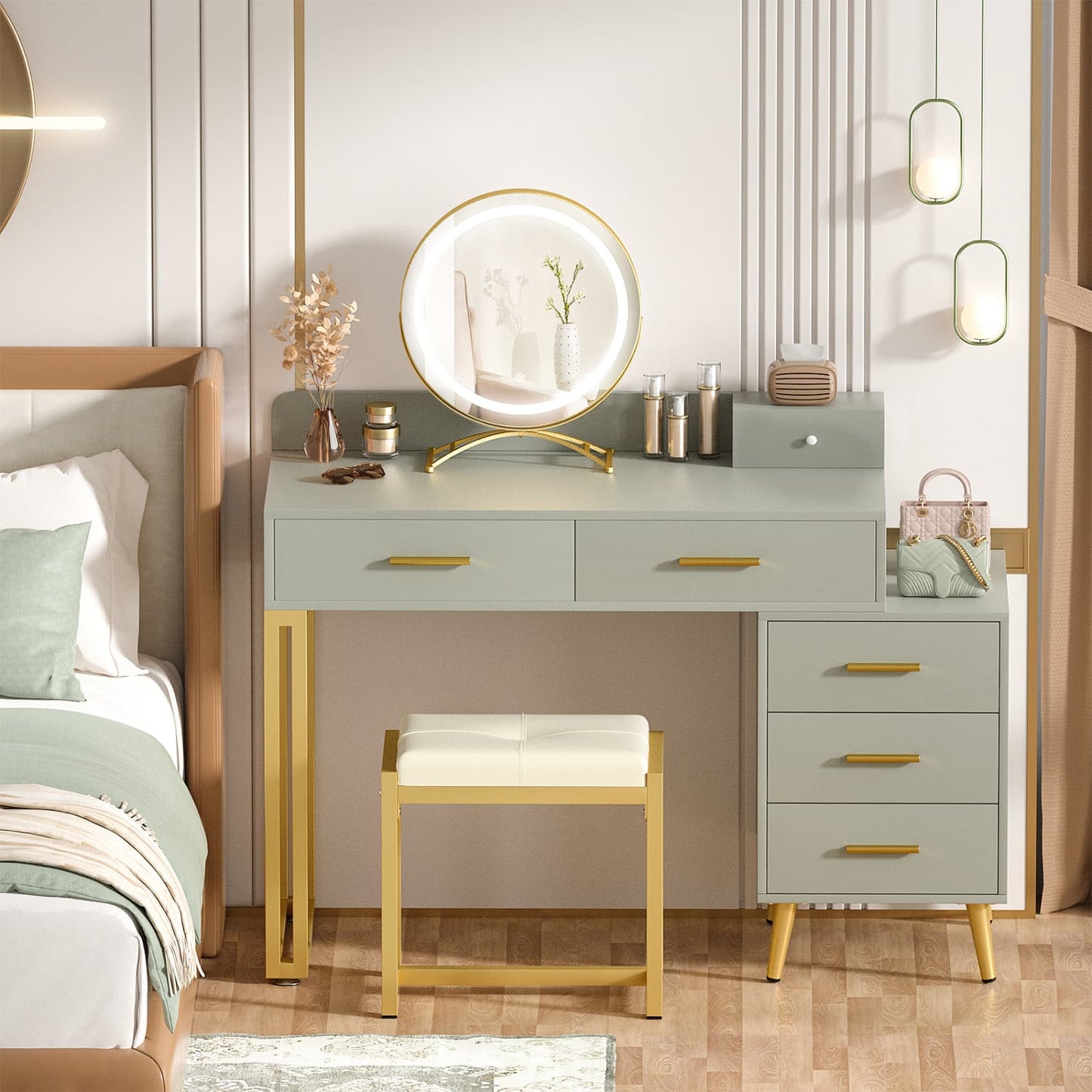 Vanity Desk with Soft Stool and LED Mirror ,Makeup Table with Wood Drawers