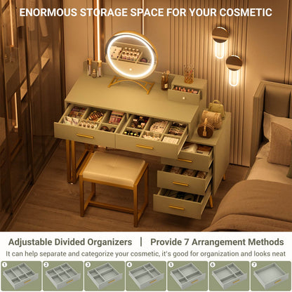 Vanity Desk with Soft Stool and LED Mirror ,Makeup Table with Wood Drawers