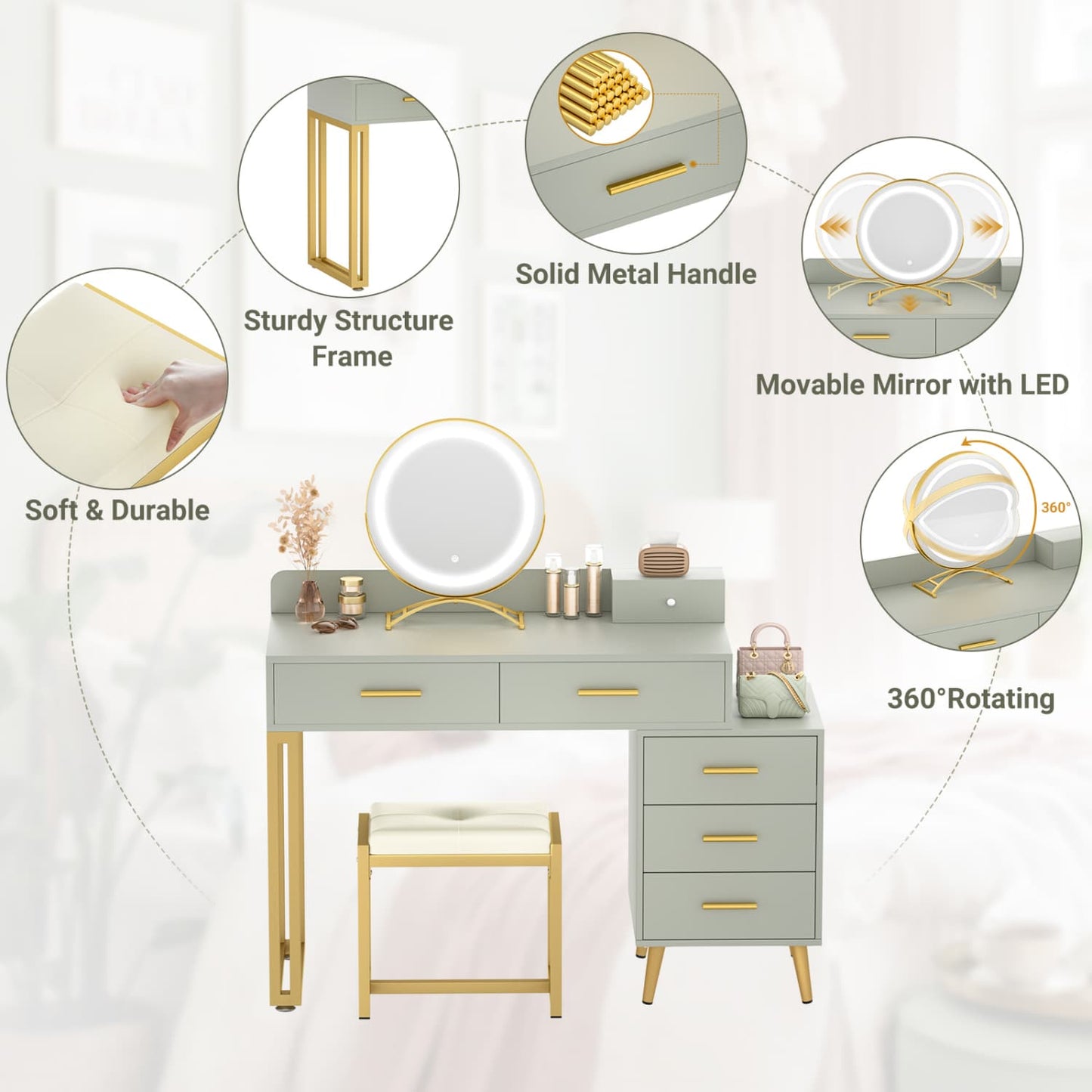Vanity Desk with Soft Stool and LED Mirror ,Makeup Table with Wood Drawers