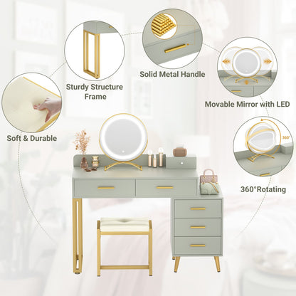Vanity Desk with Soft Stool and LED Mirror ,Makeup Table with Wood Drawers