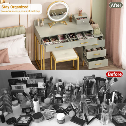 Vanity Desk with Soft Stool and LED Mirror ,Makeup Table with Wood Drawers