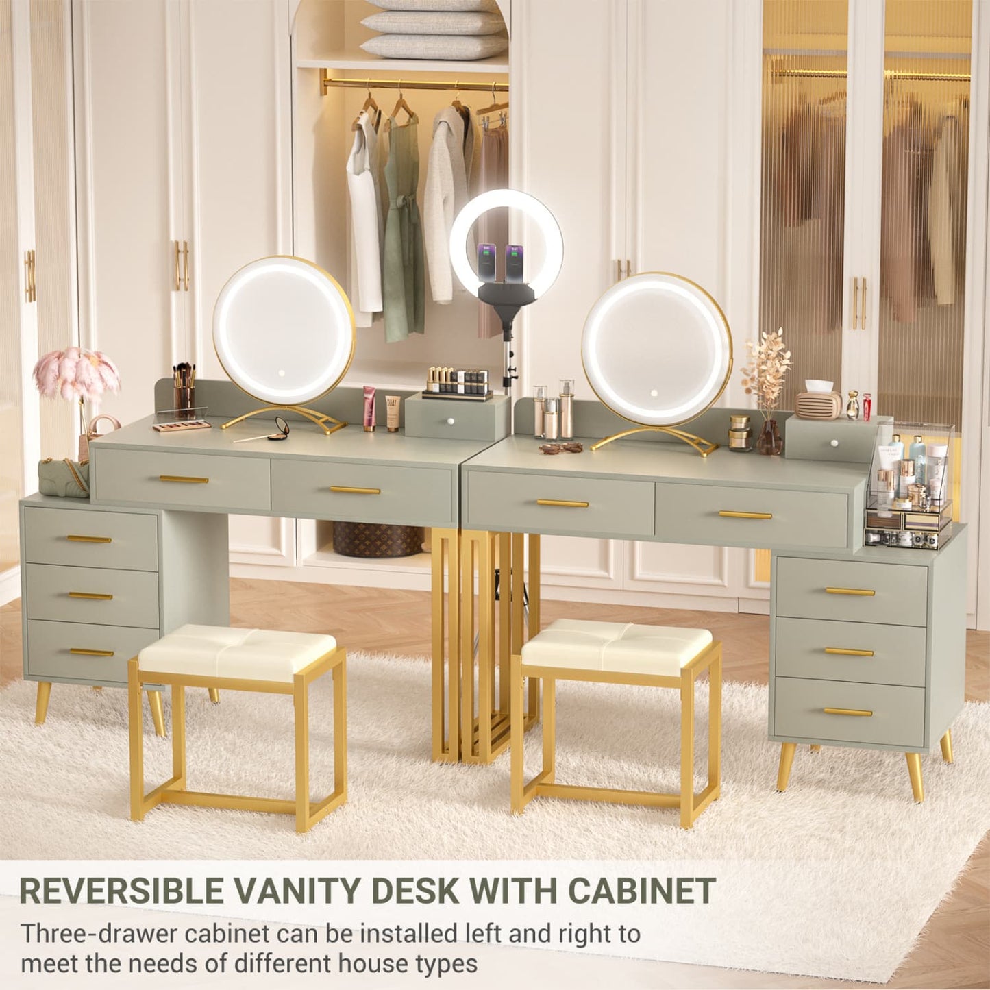 Vanity Desk with Soft Stool and LED Mirror ,Makeup Table with Wood Drawers