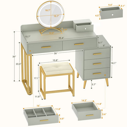 Vanity Desk with Soft Stool and LED Mirror ,Makeup Table with Wood Drawers