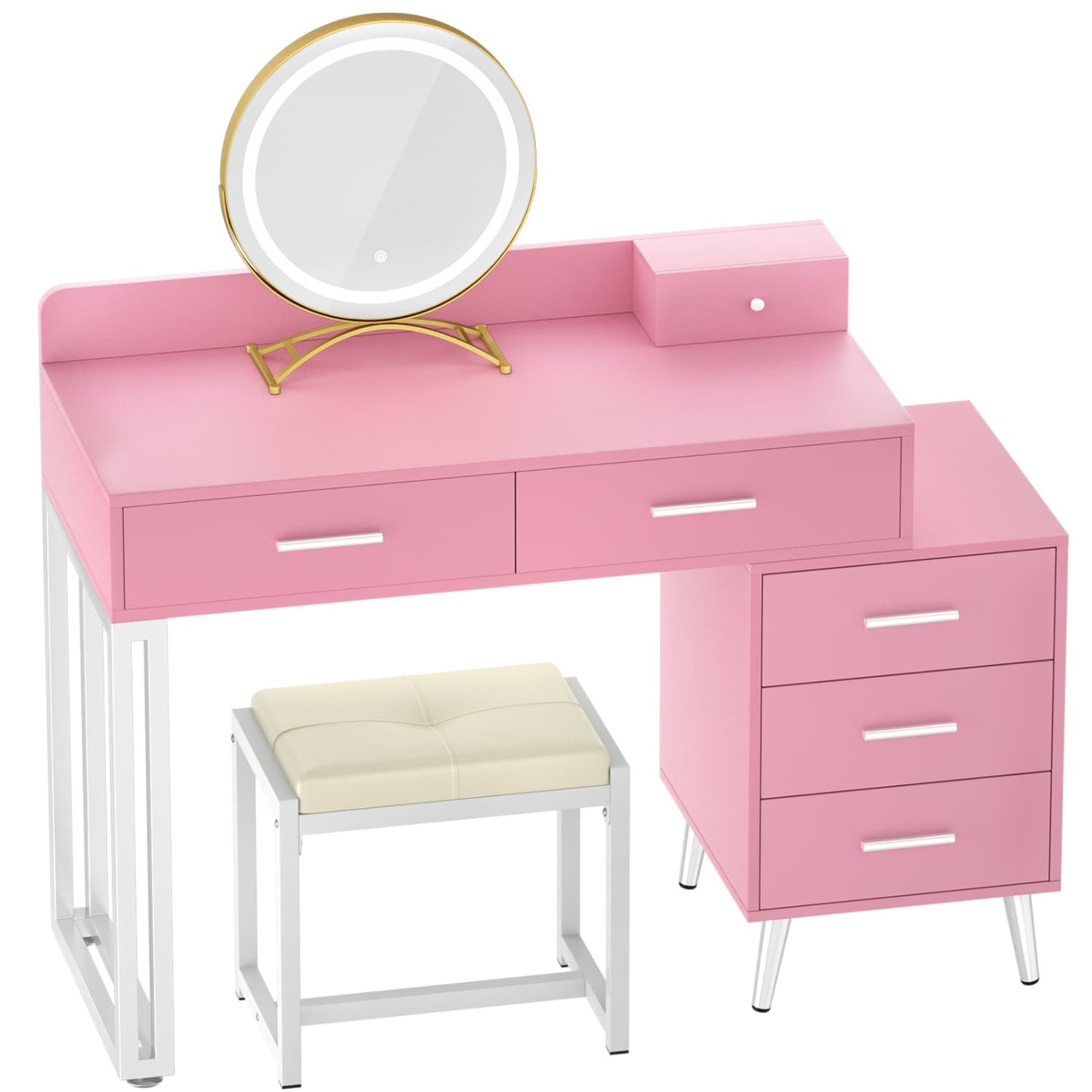 Vanity Desk with Soft Stool and LED Mirror ,Makeup Table with Wood Drawers