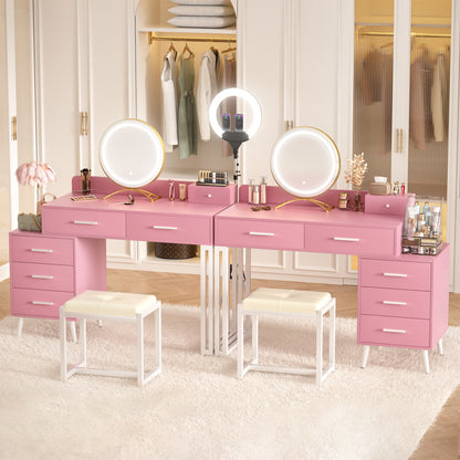 Vanity Desk with Soft Stool and LED Mirror ,Makeup Table with Wood Drawers