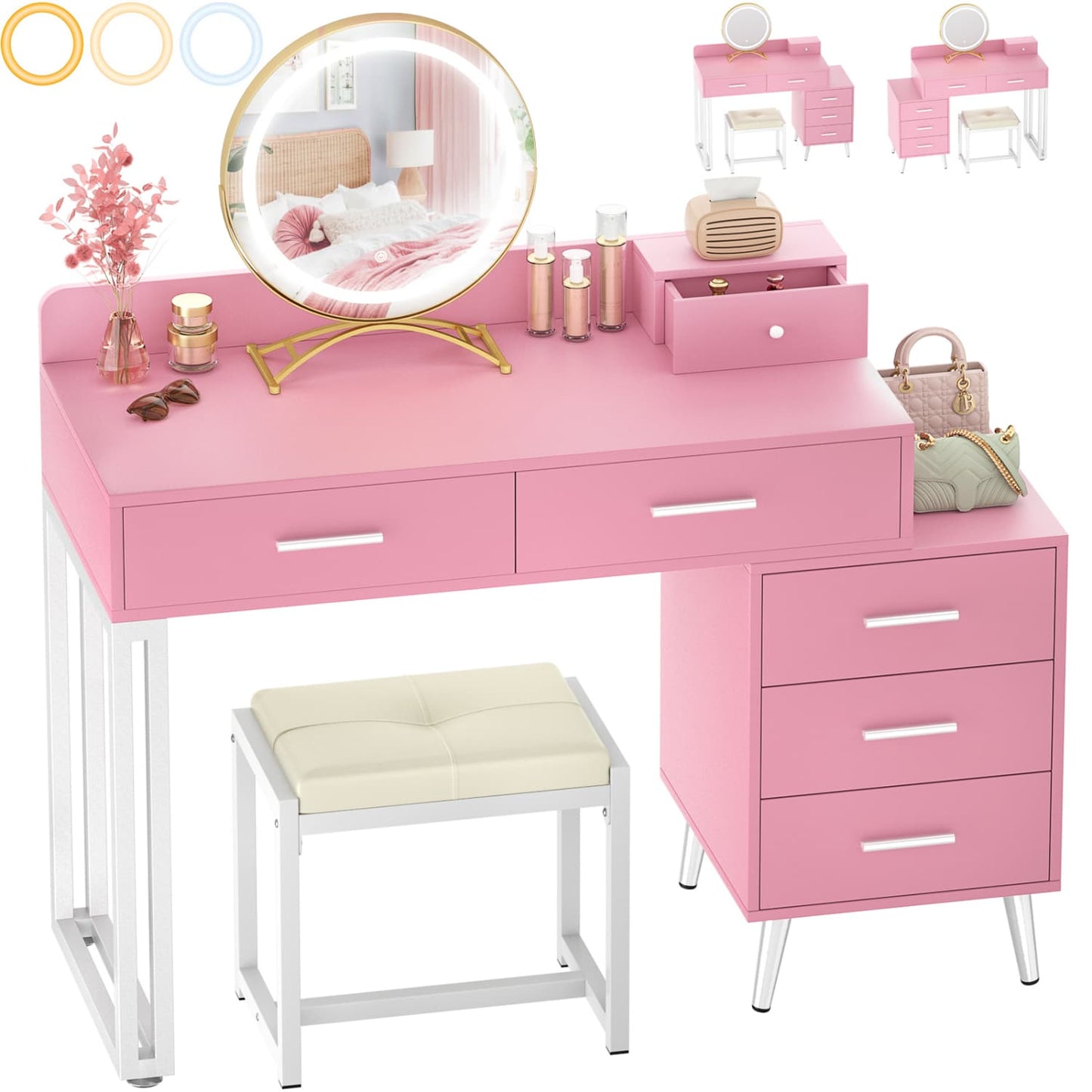 Vanity Desk with Soft Stool and LED Mirror ,Makeup Table with Wood Drawers