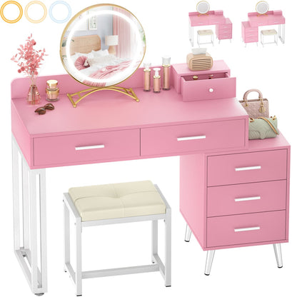 Vanity Desk with Soft Stool and LED Mirror ,Makeup Table with Wood Drawers