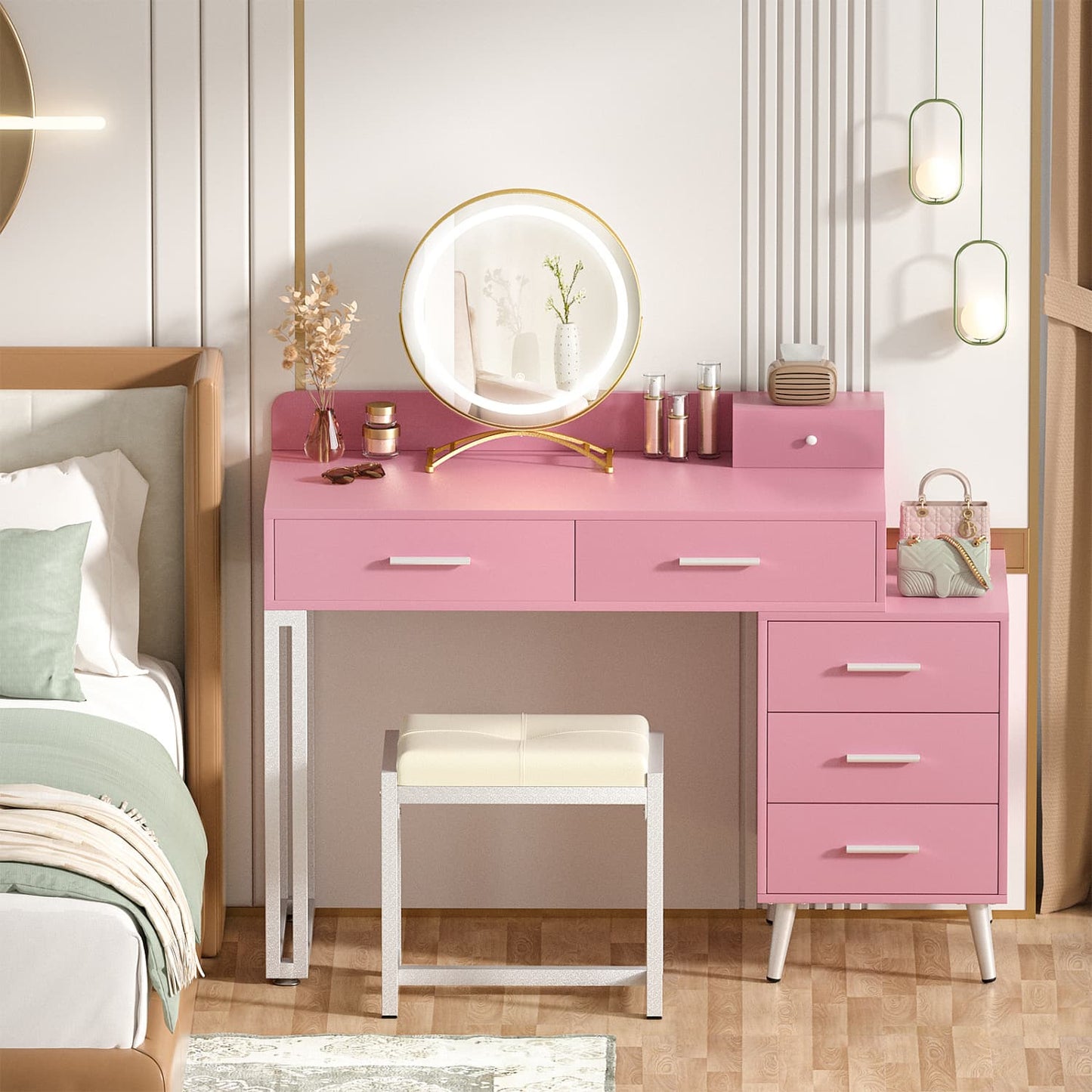 Vanity Desk with Soft Stool and LED Mirror ,Makeup Table with Wood Drawers