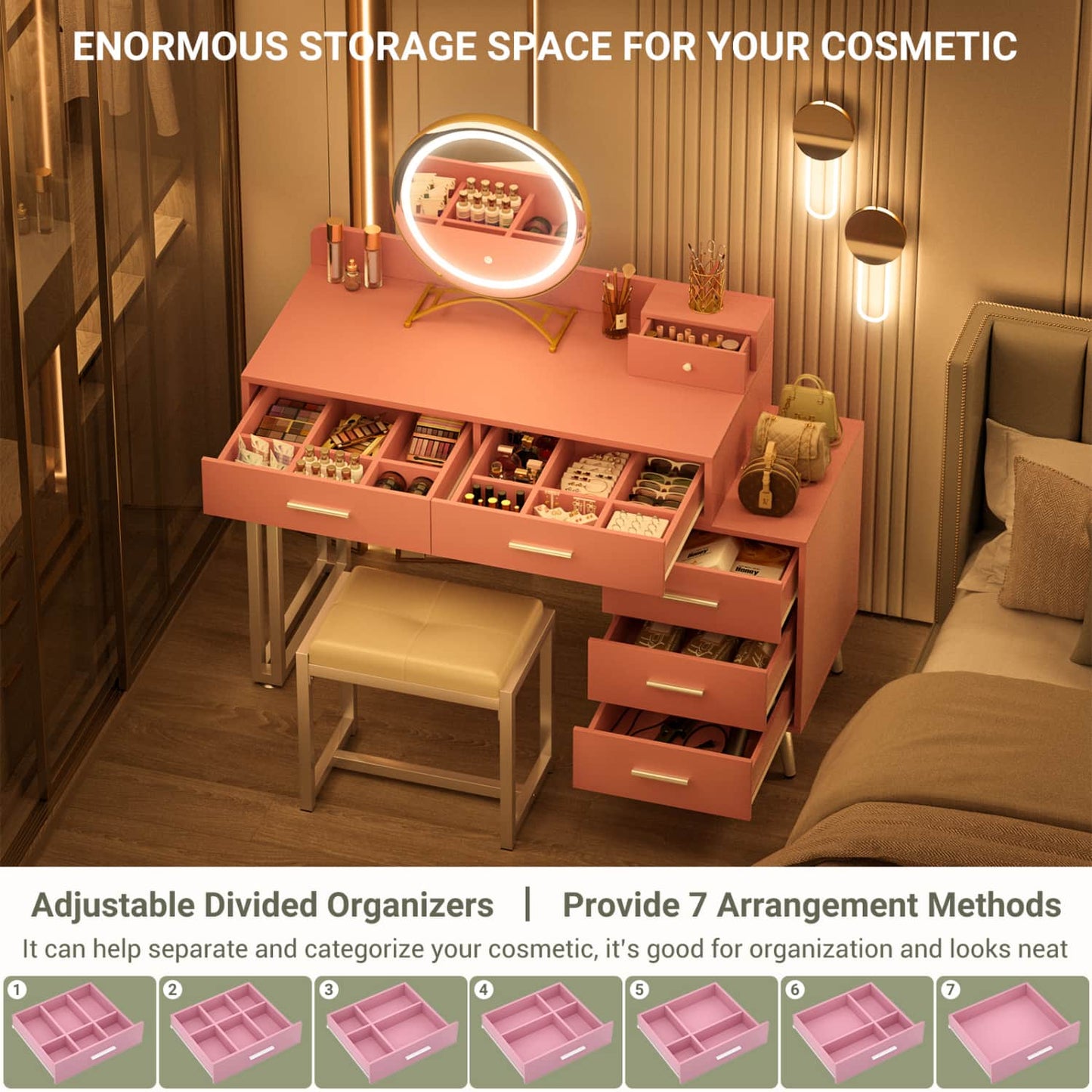 Vanity Desk with Soft Stool and LED Mirror ,Makeup Table with Wood Drawers