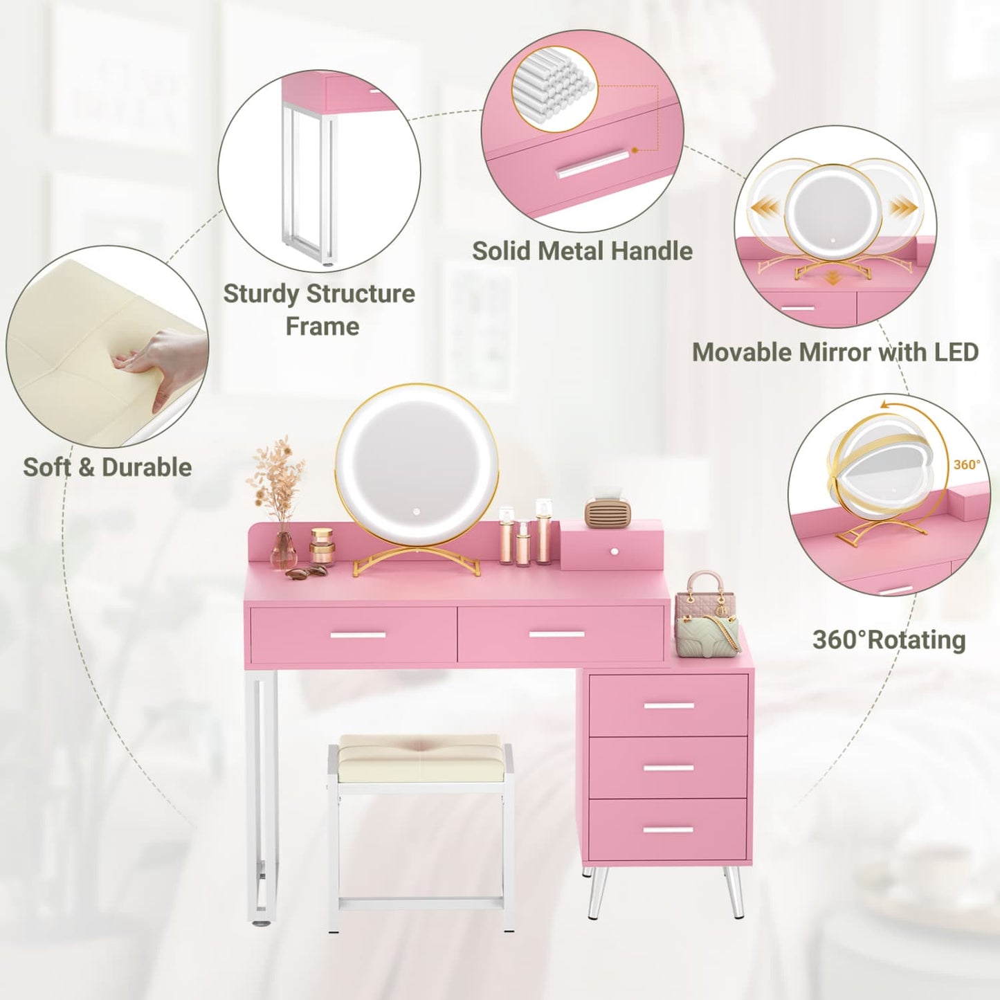 Vanity Desk with Soft Stool and LED Mirror ,Makeup Table with Wood Drawers
