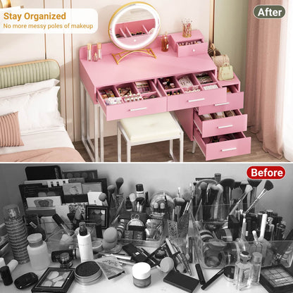 Vanity Desk with Soft Stool and LED Mirror ,Makeup Table with Wood Drawers