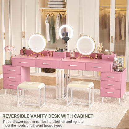 Vanity Desk with Soft Stool and LED Mirror ,Makeup Table with Wood Drawers