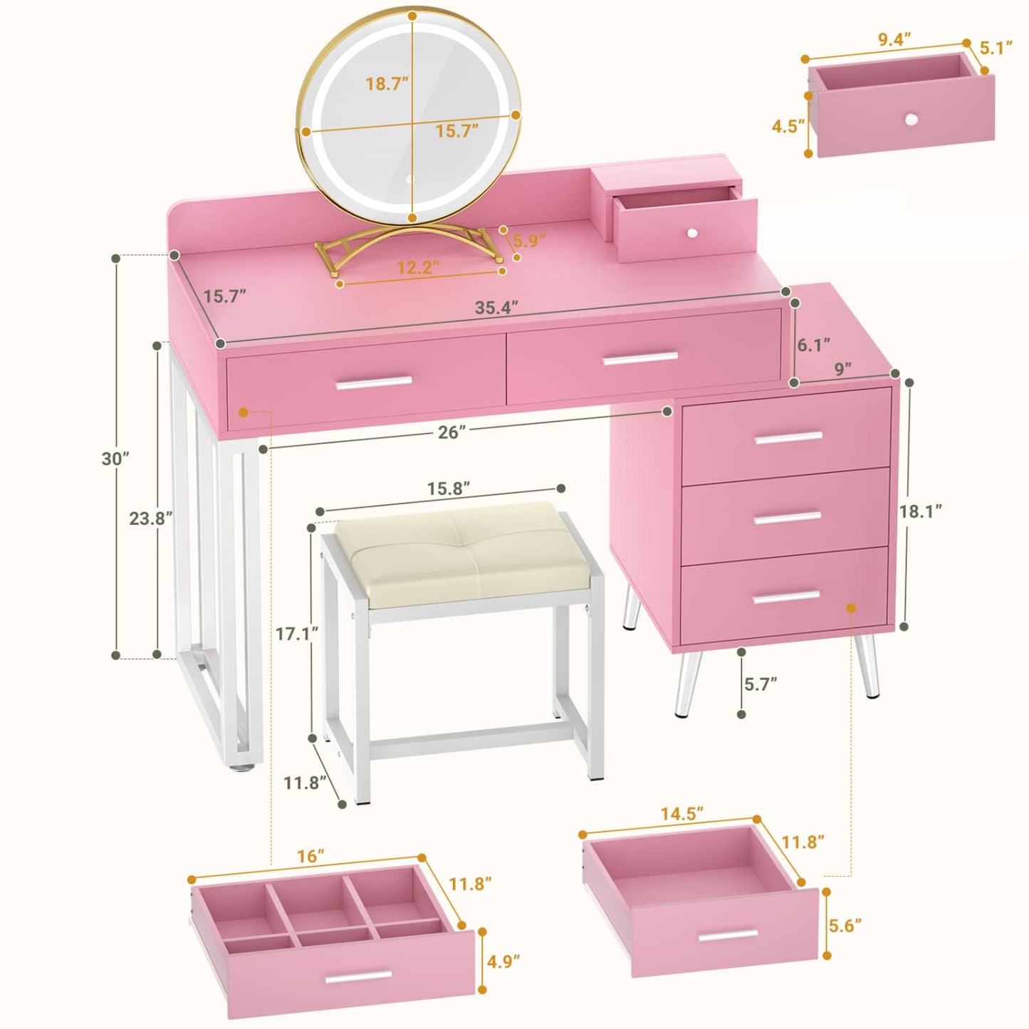 Vanity Desk with Soft Stool and LED Mirror ,Makeup Table with Wood Drawers