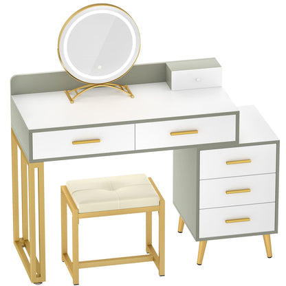 Vanity Desk with Soft Stool and LED Mirror ,Makeup Table with Wood Drawers