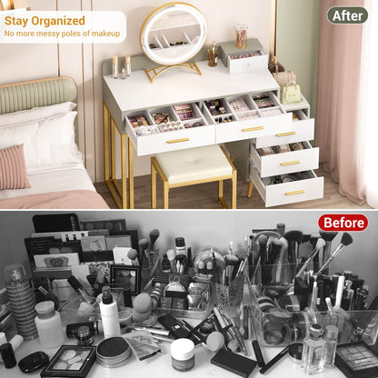 Vanity Desk with Soft Stool and LED Mirror ,Makeup Table with Wood Drawers