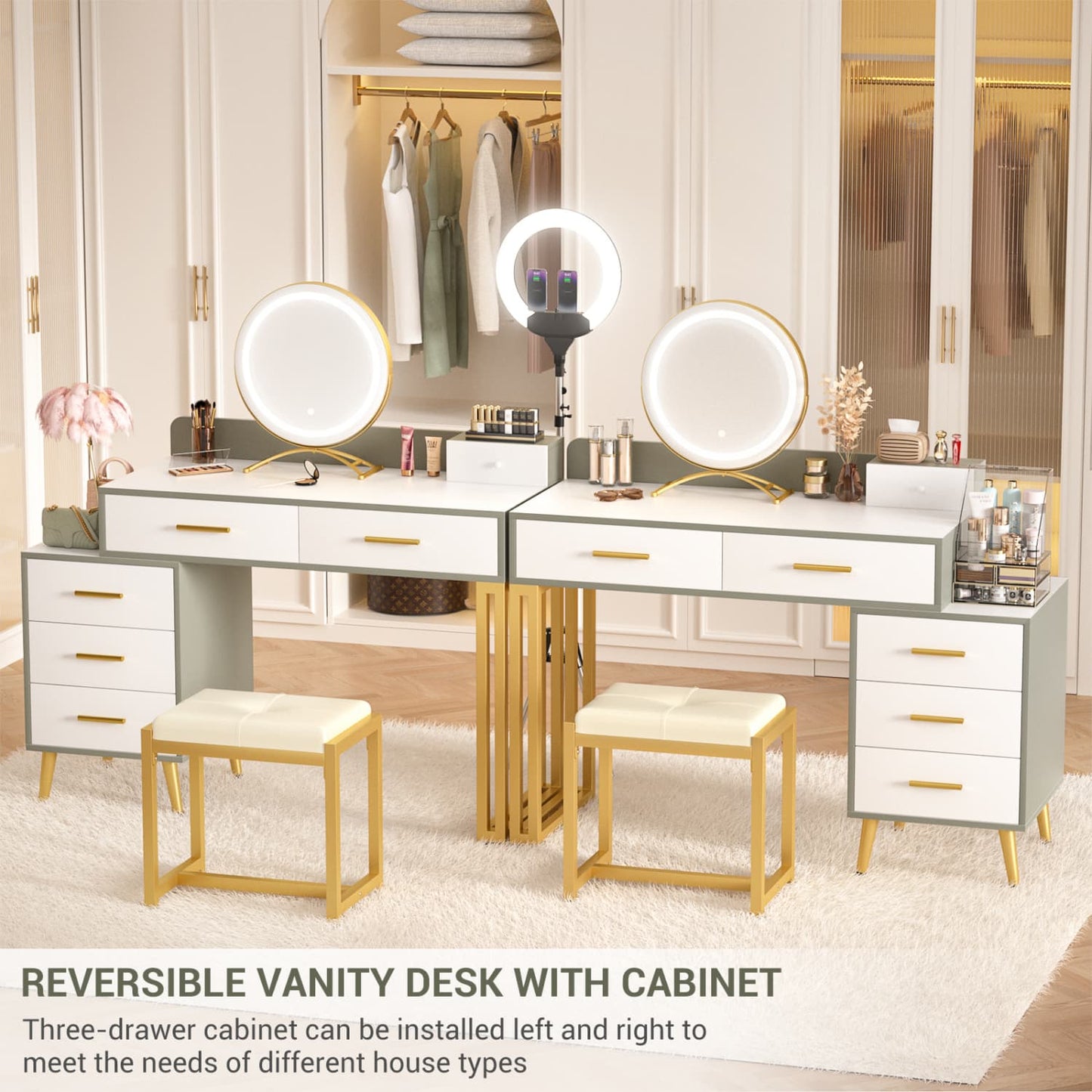 Vanity Desk with Soft Stool and LED Mirror ,Makeup Table with Wood Drawers