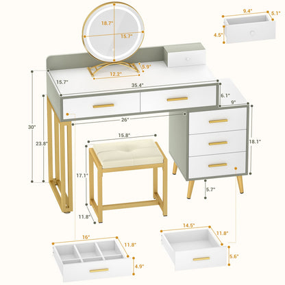 Vanity Desk with Soft Stool and LED Mirror ,Makeup Table with Wood Drawers