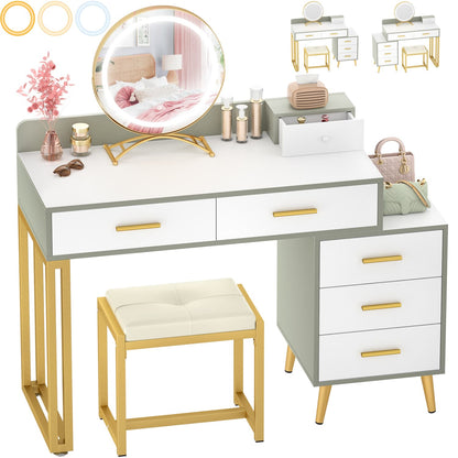 Vanity Desk with Soft Stool and LED Mirror ,Makeup Table with Wood Drawers