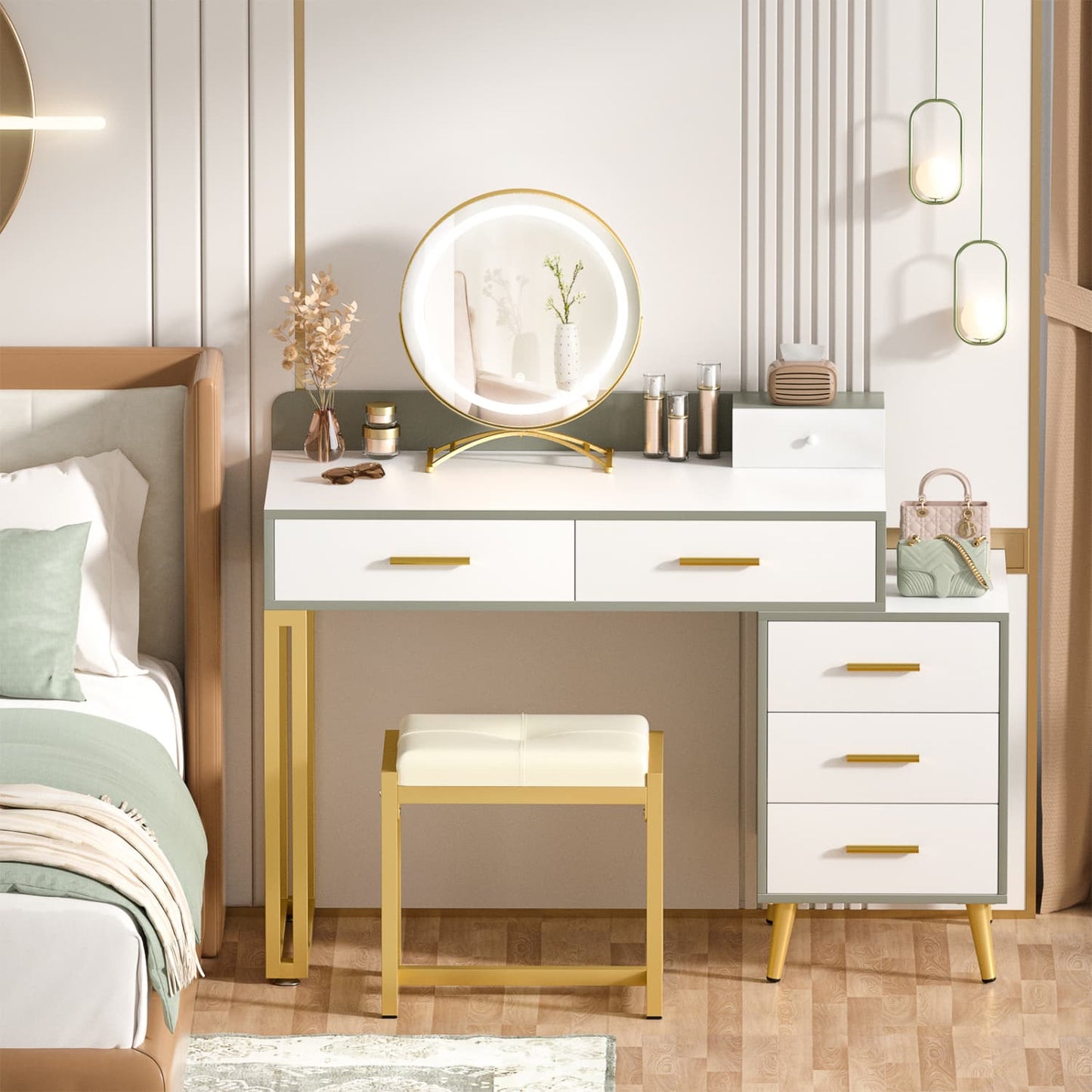 Vanity Desk with Soft Stool and LED Mirror ,Makeup Table with Wood Drawers