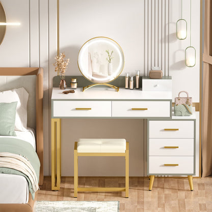 Vanity Desk with Soft Stool and LED Mirror ,Makeup Table with Wood Drawers