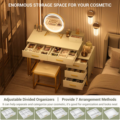 Vanity Desk with Soft Stool and LED Mirror ,Makeup Table with Wood Drawers