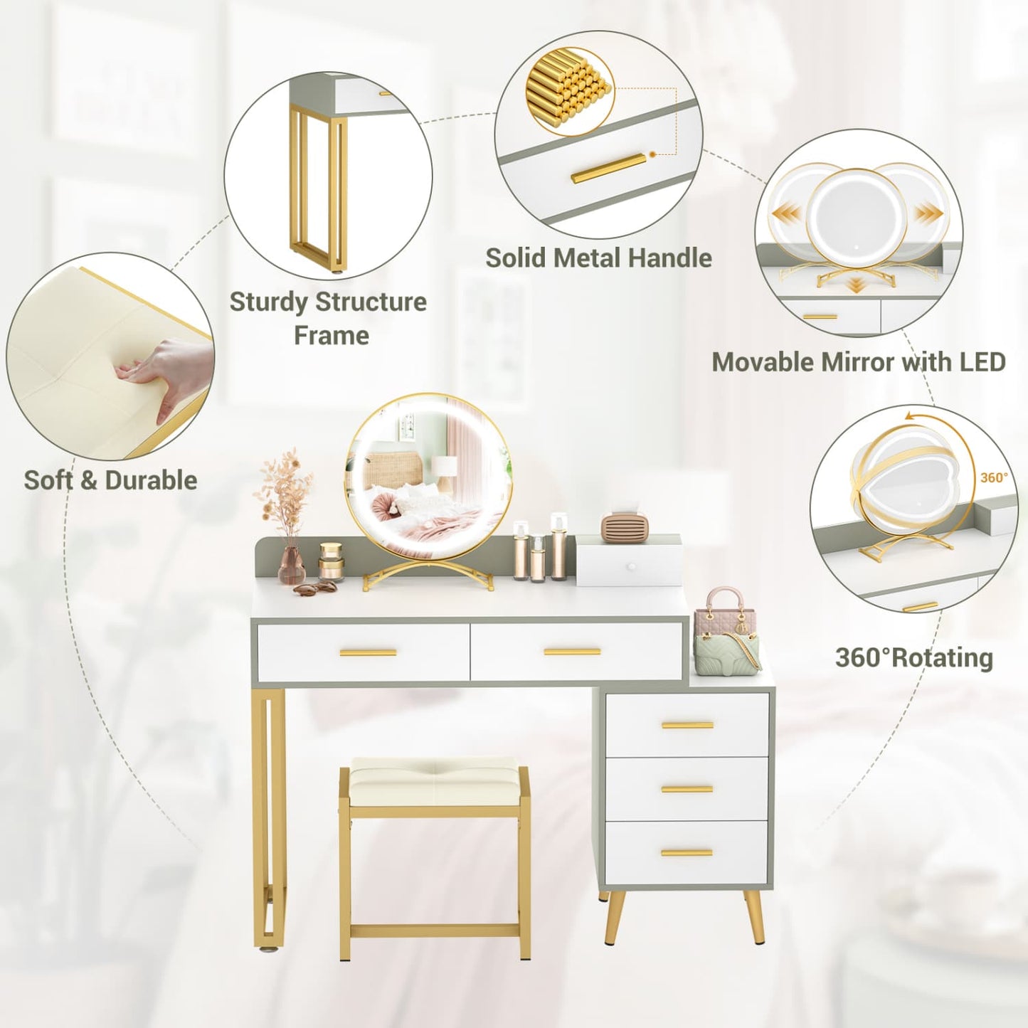 Vanity Desk with Soft Stool and LED Mirror ,Makeup Table with Wood Drawers