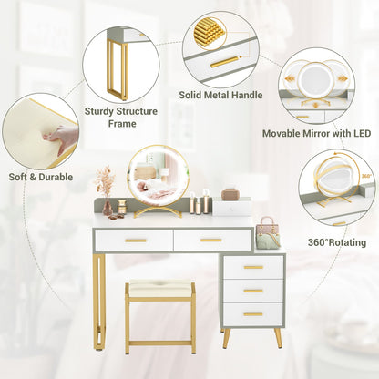 Vanity Desk with Soft Stool and LED Mirror ,Makeup Table with Wood Drawers
