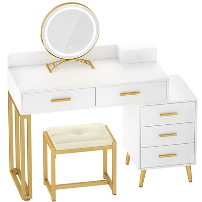 Vanity Desk with Soft Stool and LED Mirror ,Makeup Table with Wood Drawers