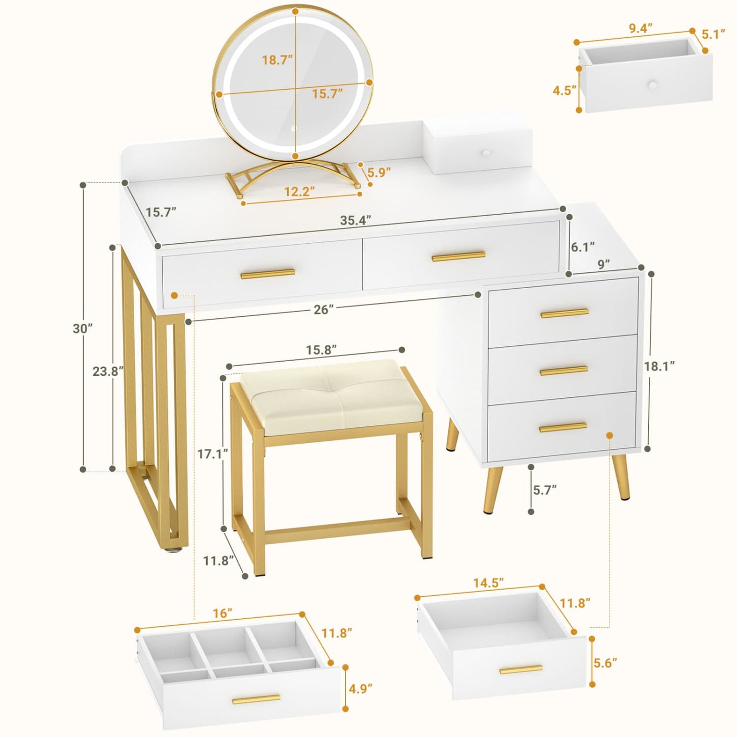 Vanity Desk with Soft Stool and LED Mirror ,Makeup Table with Wood Drawers