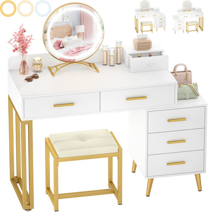 Vanity Desk with Soft Stool and LED Mirror ,Makeup Table with Wood Drawers