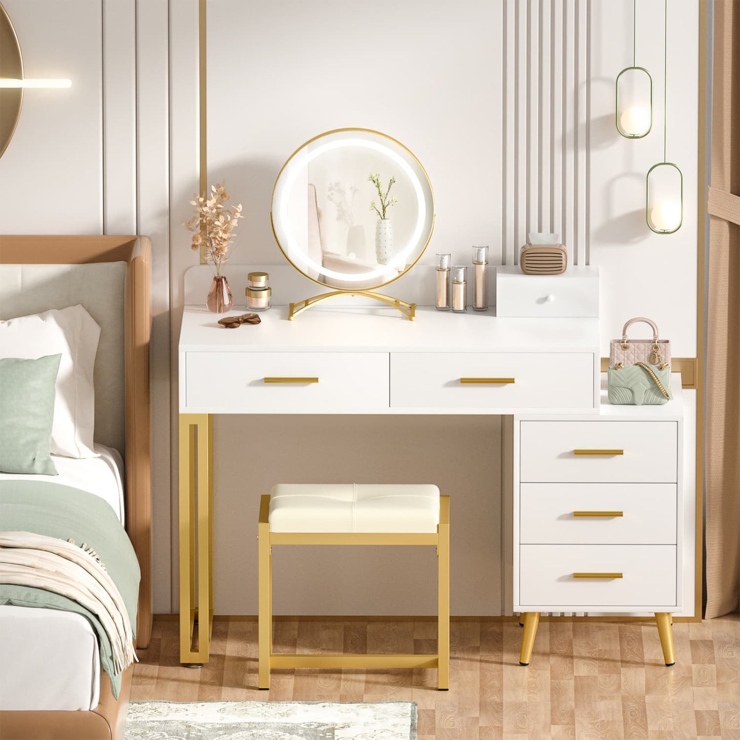 Vanity Desk with Soft Stool and LED Mirror ,Makeup Table with Wood Drawers