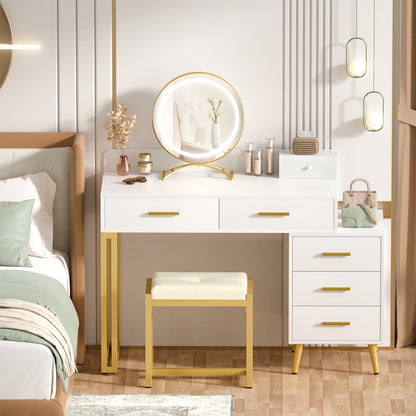 Vanity Desk with Soft Stool and LED Mirror ,Makeup Table with Wood Drawers