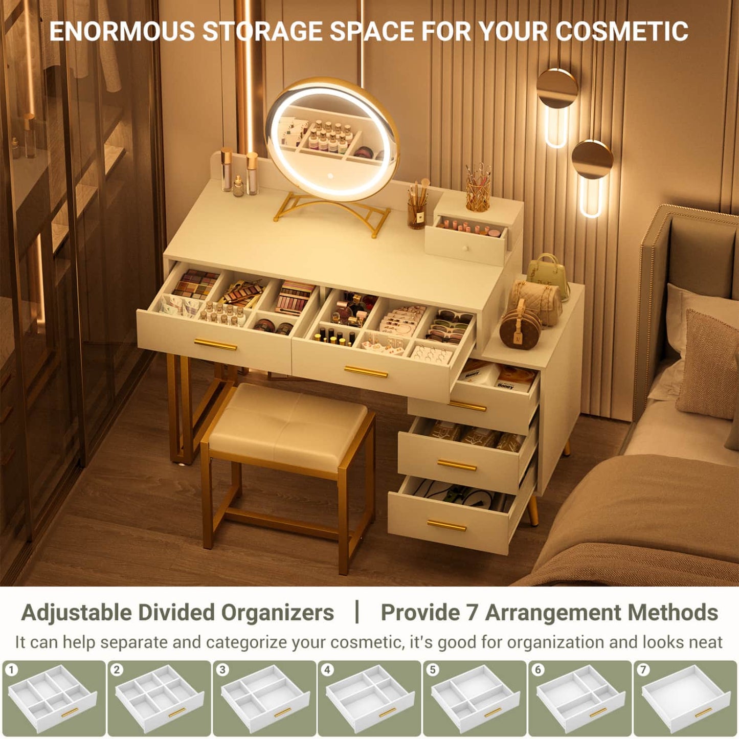 Vanity Desk with Soft Stool and LED Mirror ,Makeup Table with Wood Drawers