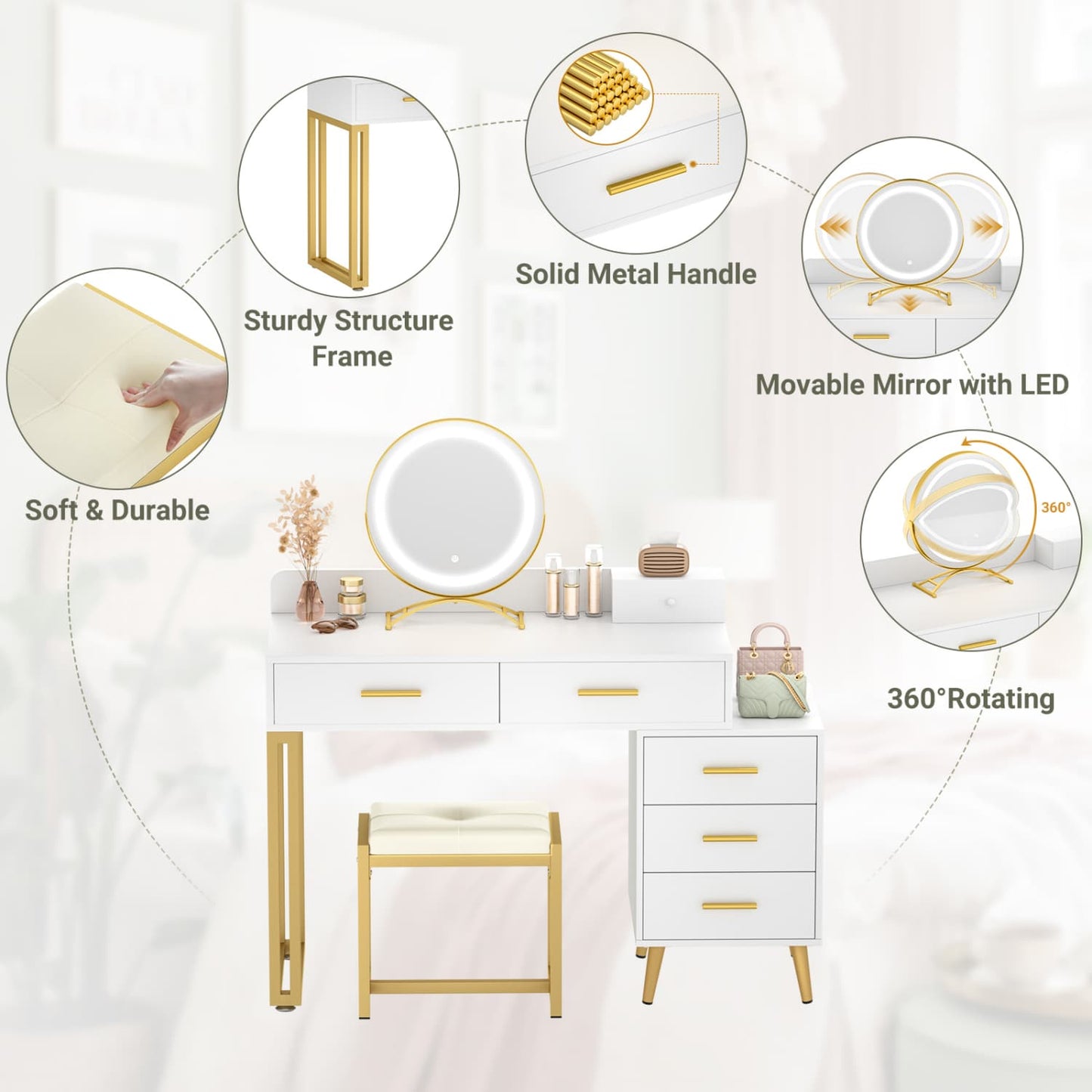 Vanity Desk with Soft Stool and LED Mirror ,Makeup Table with Wood Drawers