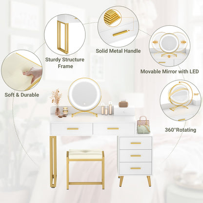 Vanity Desk with Soft Stool and LED Mirror ,Makeup Table with Wood Drawers