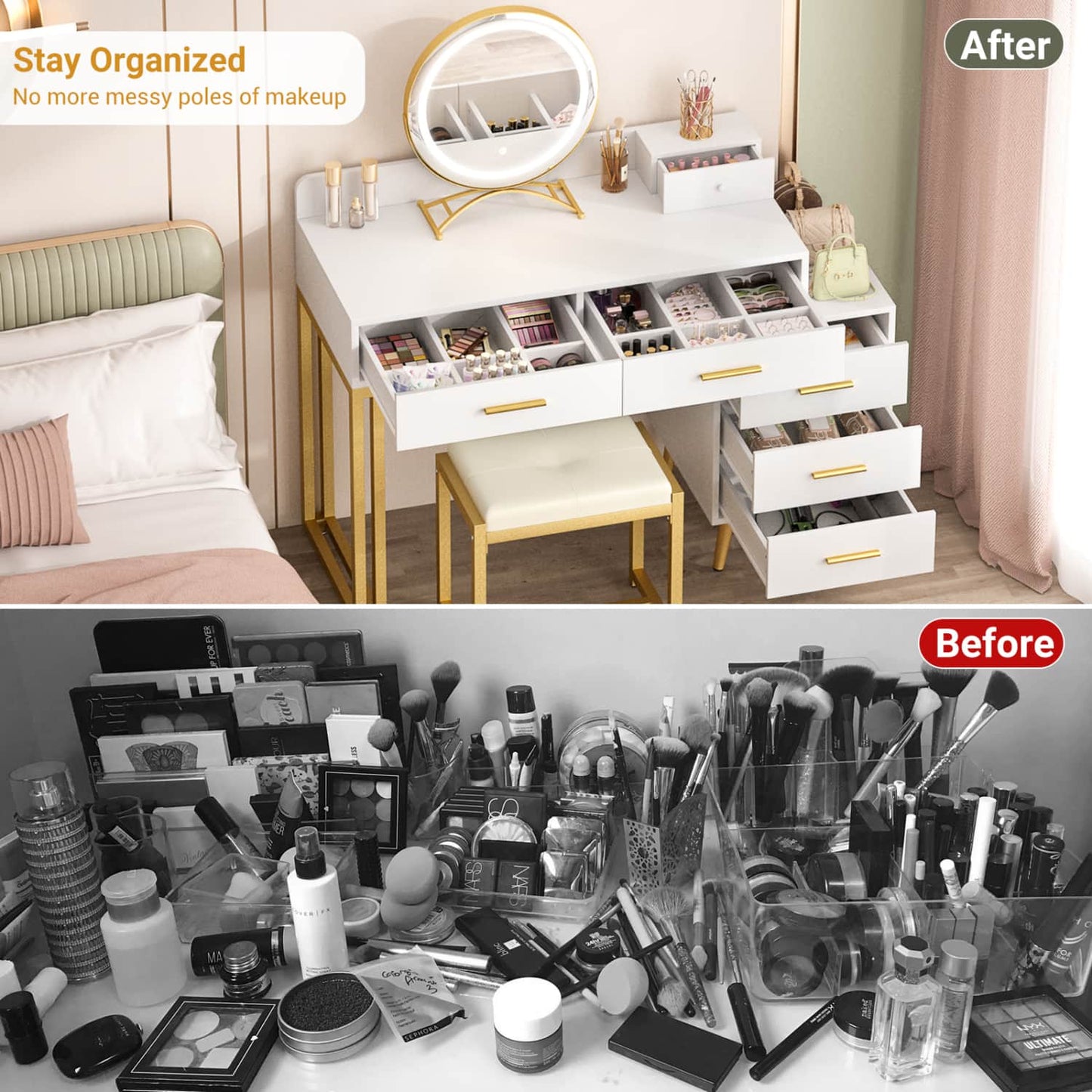 Vanity Desk with Soft Stool and LED Mirror ,Makeup Table with Wood Drawers