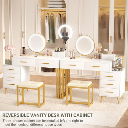 Vanity Desk with Soft Stool and LED Mirror ,Makeup Table with Wood Drawers
