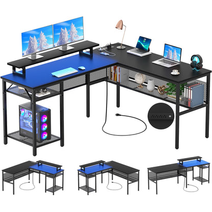L Shape Desk with Charging Station, Computer Desk with LED Light