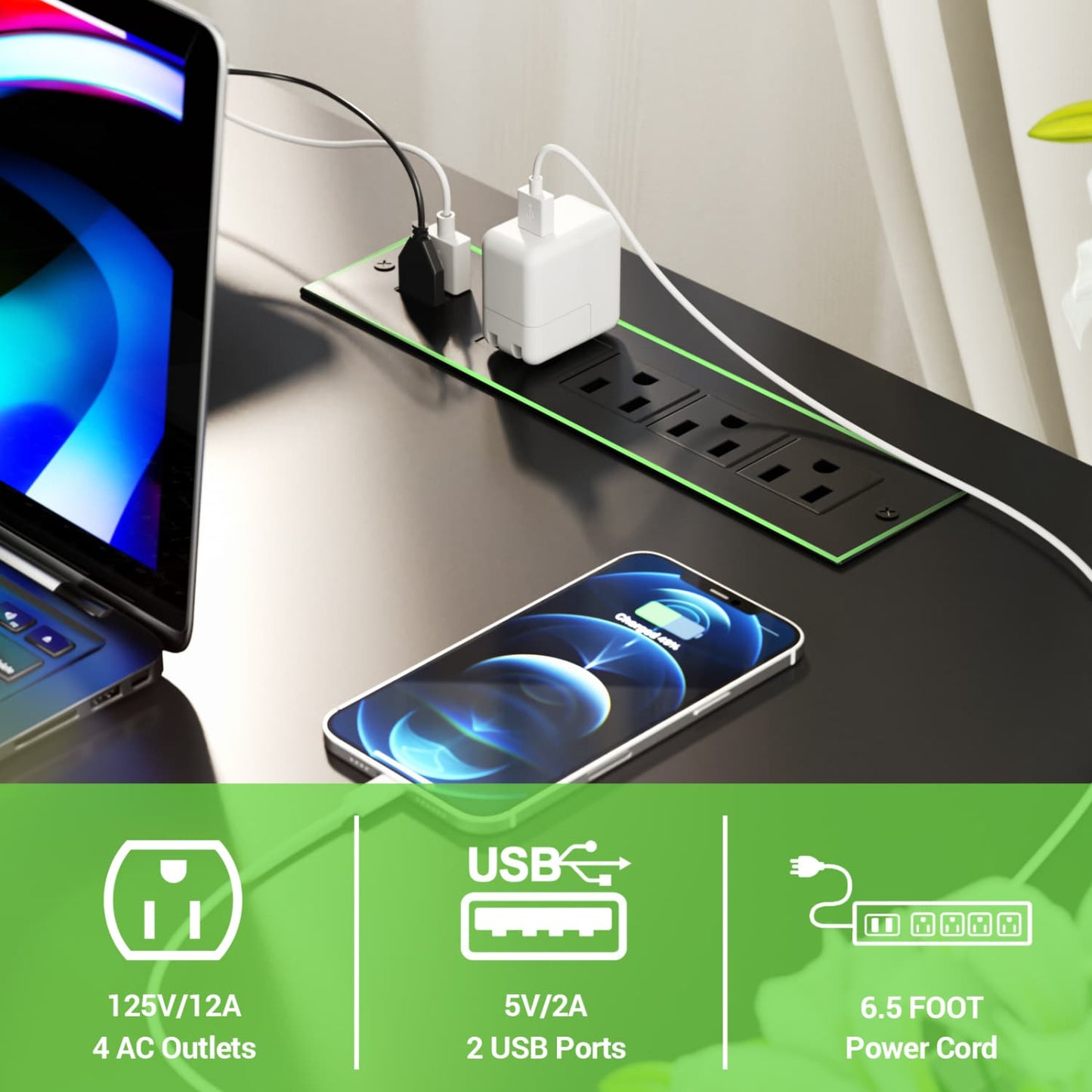 L Shape Desk with Charging Station, Computer Desk with LED Light