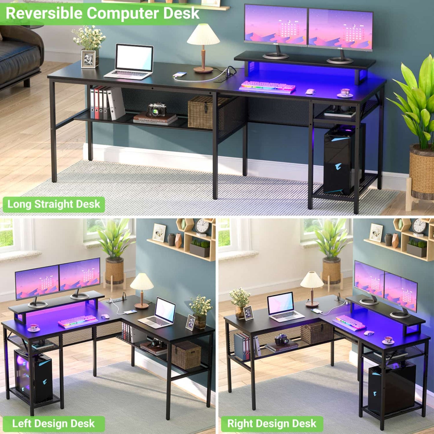 L Shape Desk with Charging Station, Computer Desk with LED Light