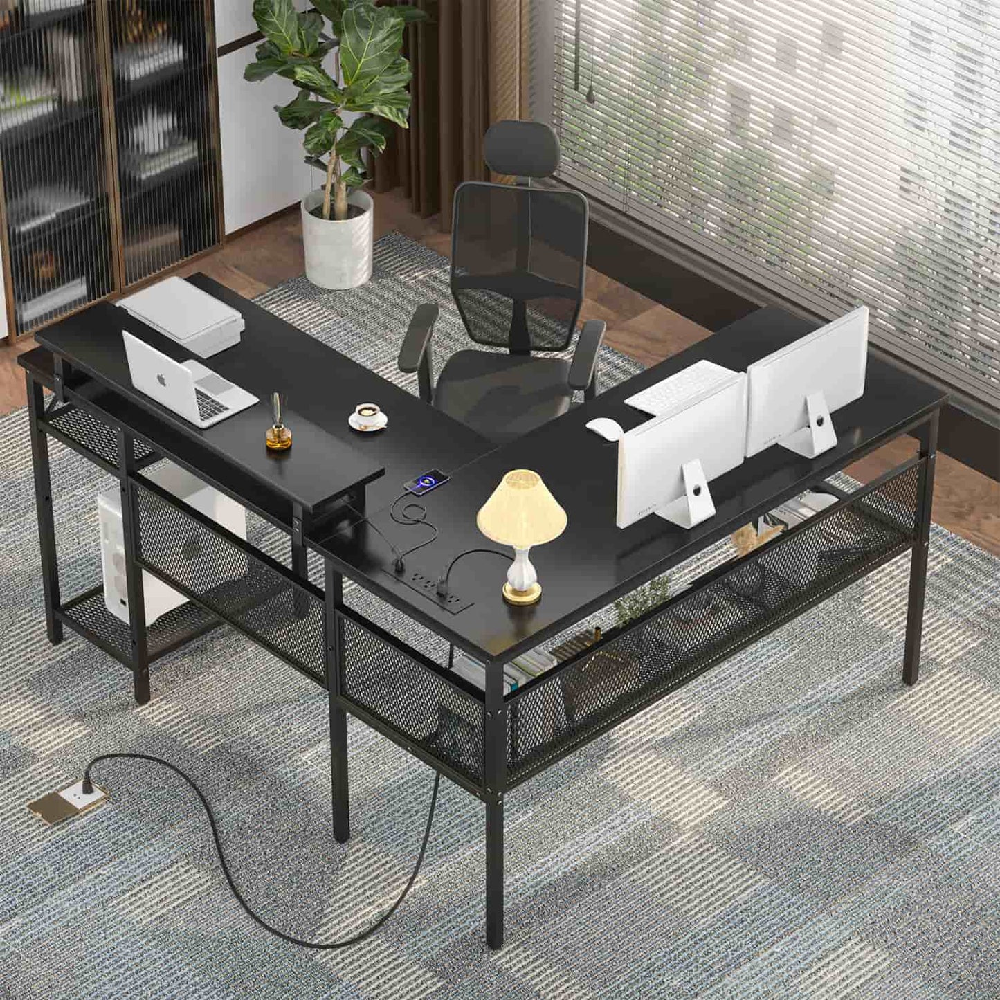 L Shape Desk with Charging Station, Computer Desk with LED Light