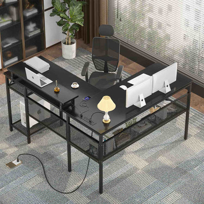 L Shape Desk with Charging Station, Computer Desk with LED Light