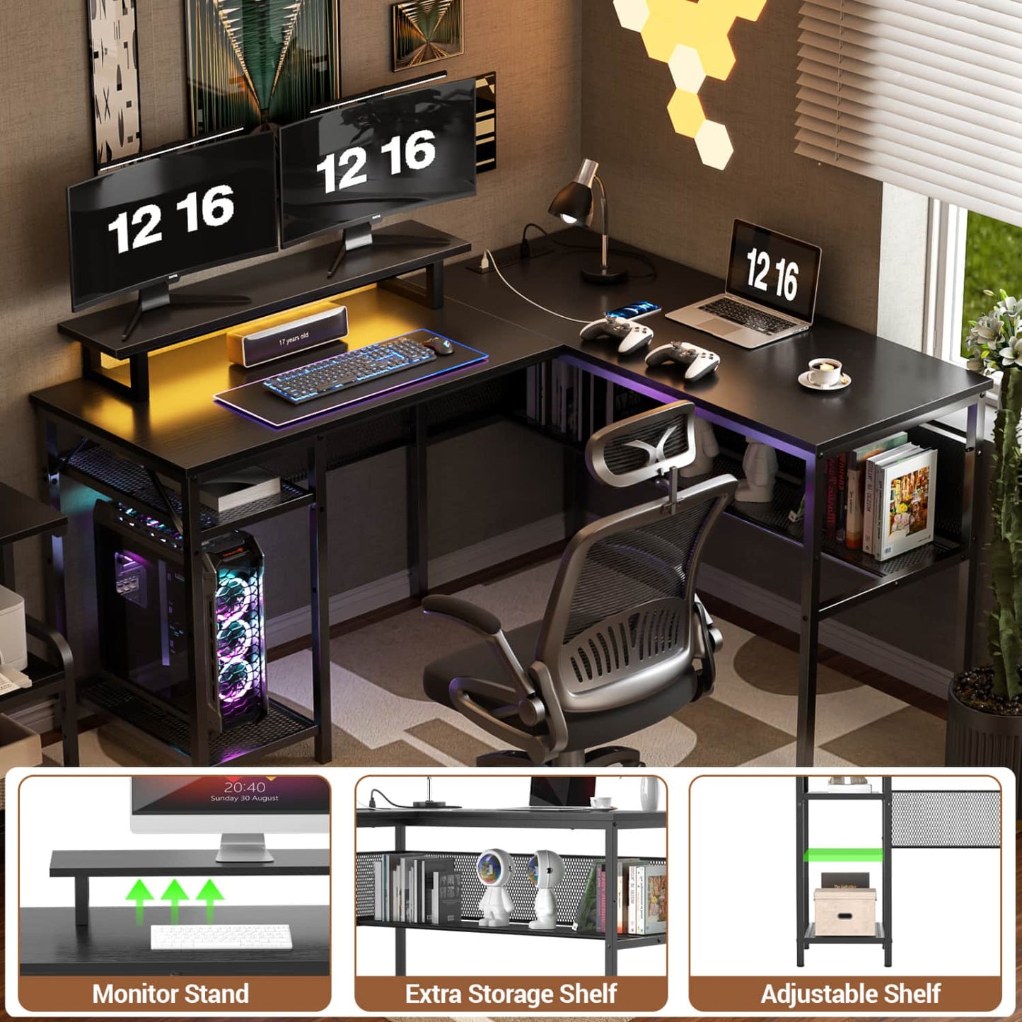 L Shape Desk with Charging Station, Computer Desk with LED Light