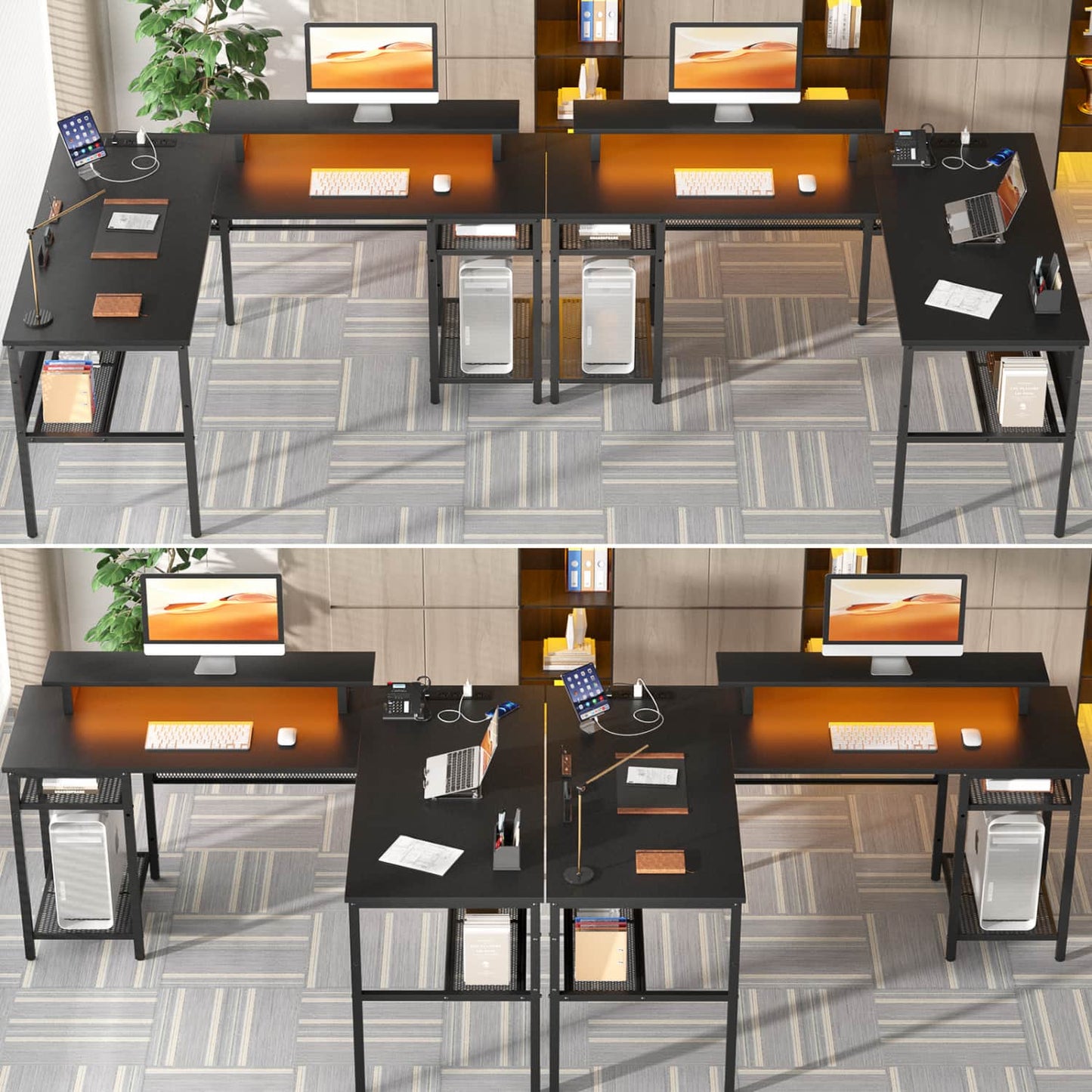 L Shape Desk with Charging Station, Computer Desk with LED Light