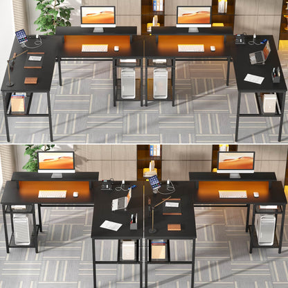 L Shape Desk with Charging Station, Computer Desk with LED Light