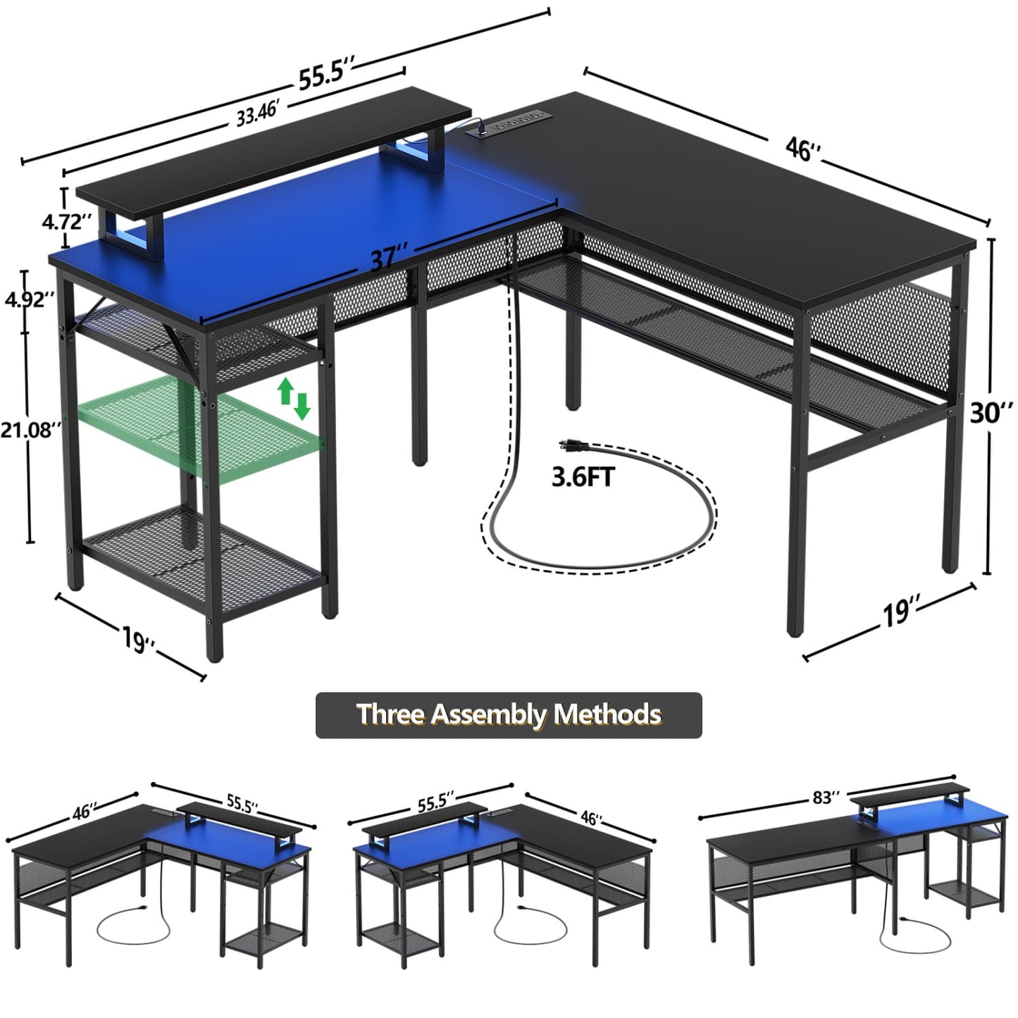 L Shape Desk with Charging Station, Computer Desk with LED Light